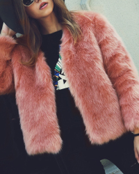  Trendy V Neck Long Sleeves Fur Design Pink Short Coat