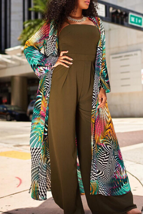  Trendy V Neck Striped Printed Polyester Long Coat