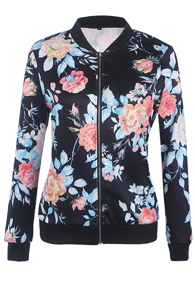 Ethnic Style Round Neck Long Sleeves Printed Black Polyester Coats