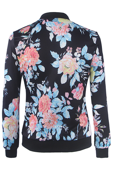 Ethnic Style Round Neck Long Sleeves Printed Black Polyester Coats