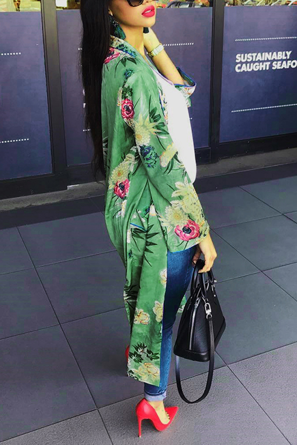 Euramerican Turndown Collar Long Sleeves Floral Print Yellow-green Coat