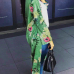 Euramerican Turndown Collar Long Sleeves Floral Print Yellow-green Coat