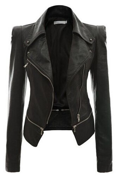 Fashion Turndown Collar Long Sleeves Zipper Design Black PU Jacket