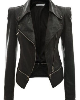 Fashion Turndown Collar Long Sleeves Zipper Design Black PU Jacket