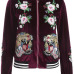 Fashionable Round Neck Embroidered Design Wine Red Velvet Coat