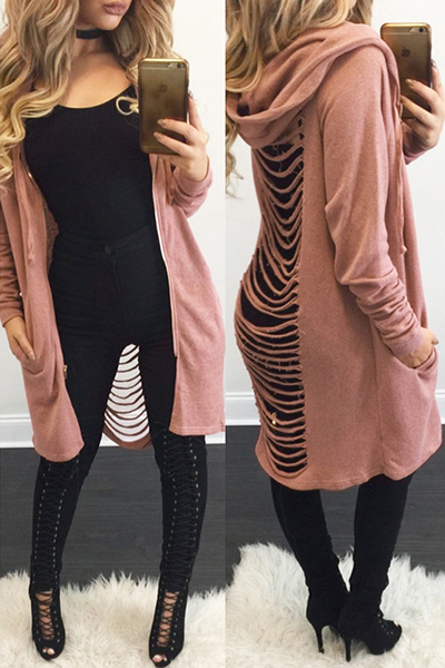 Leisure Hooded Collar Long Sleeves Hollow-out Pink Cotton Long Coat