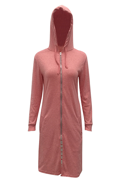 Leisure Hooded Collar Long Sleeves Hollow-out Pink Cotton Long Coat