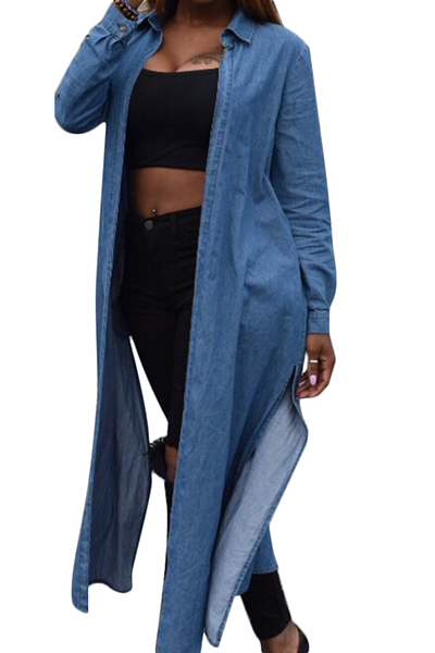 Leisure Turndown Collar Long Sleeves Side Split Blue Denim Long Coat