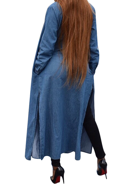 Leisure Turndown Collar Long Sleeves Side Split Blue Denim Long Coat