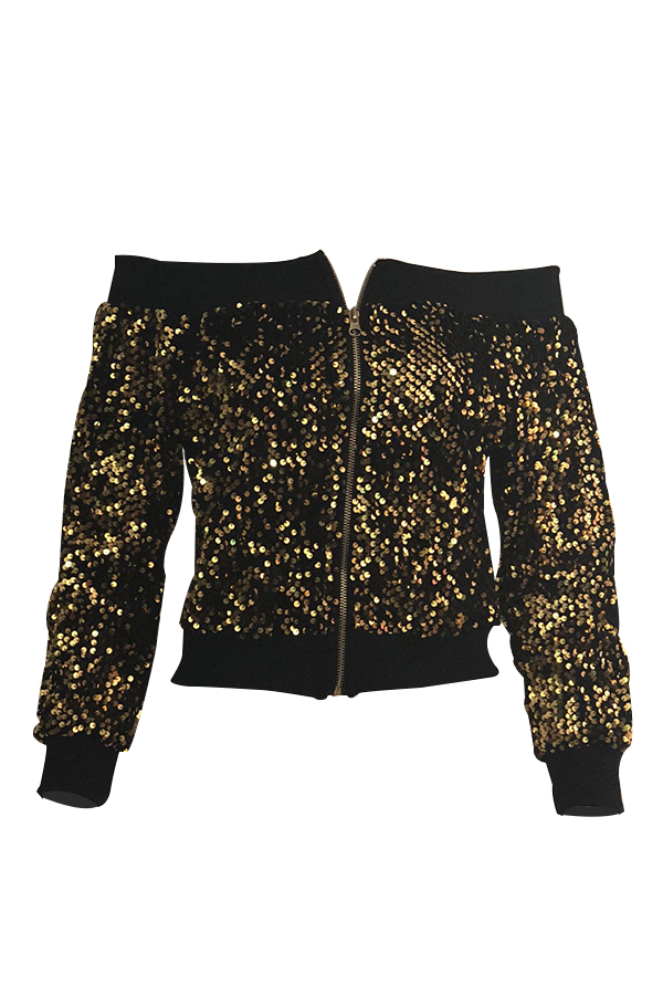 Sexy Bateau Neck Sequins Decoration Gold Polyester Short Coat