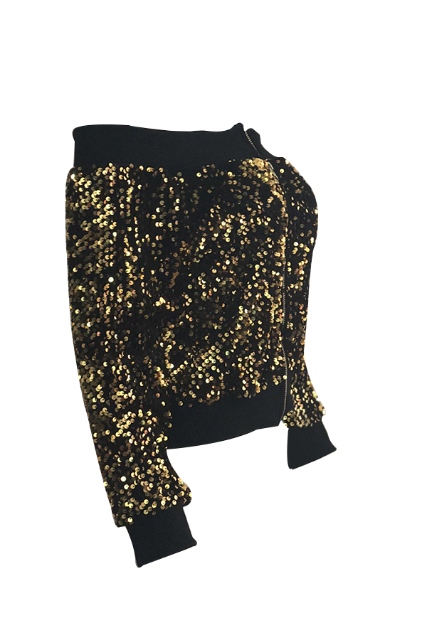 Sexy Bateau Neck Sequins Decoration Gold Polyester Short Coat