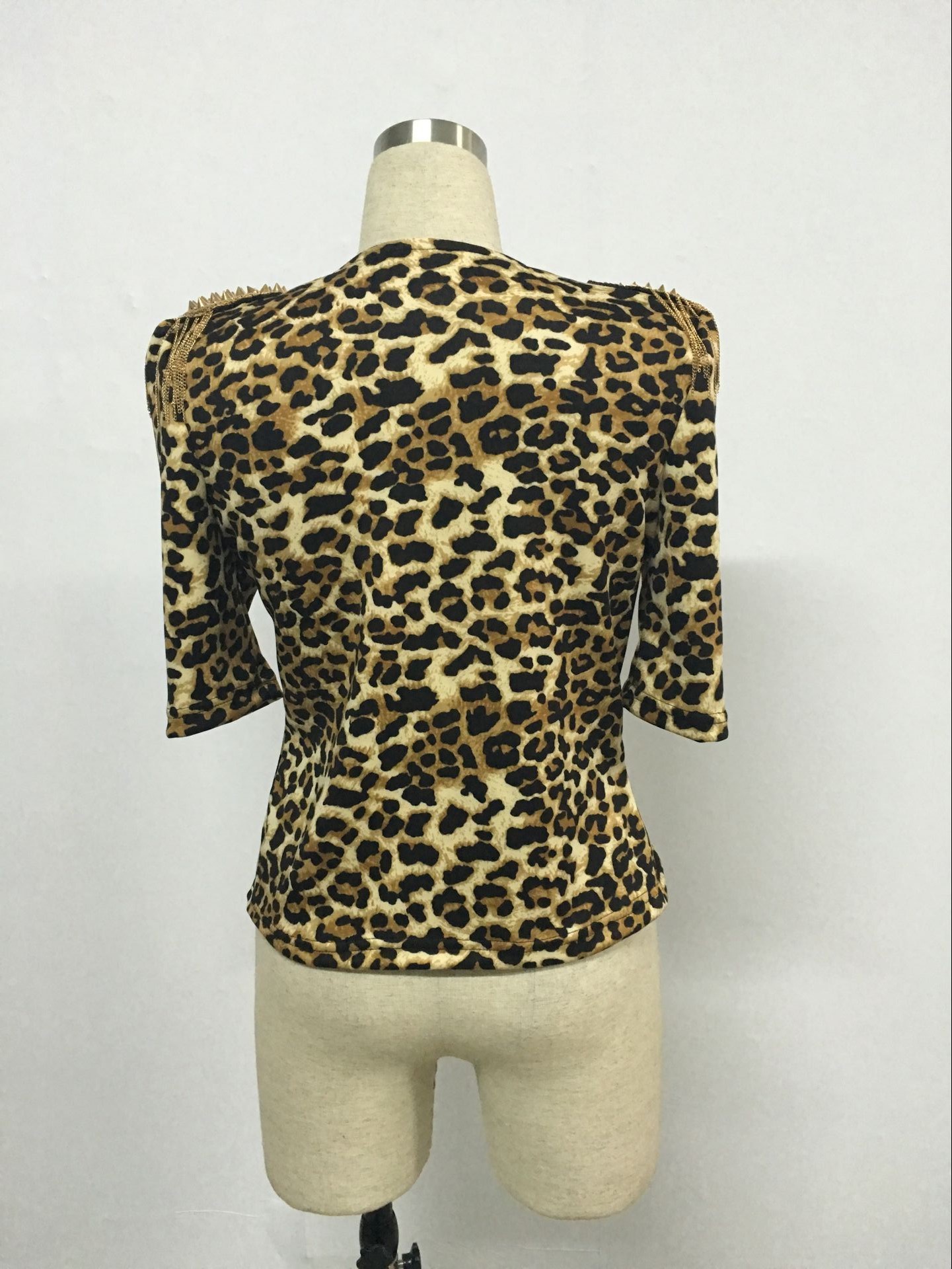 Stylish Half Sleeves Epaulet Stud Embellished Leopard Polyester Jacket