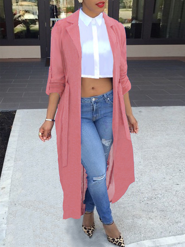 Stylish Half Sleeves See-Through Pink Chiffon Long Coat