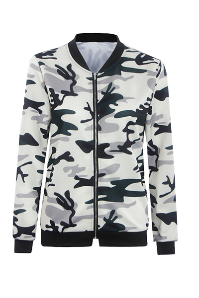 Stylish Round Neck Long Sleeves Camouflage Printed Polyester Coat