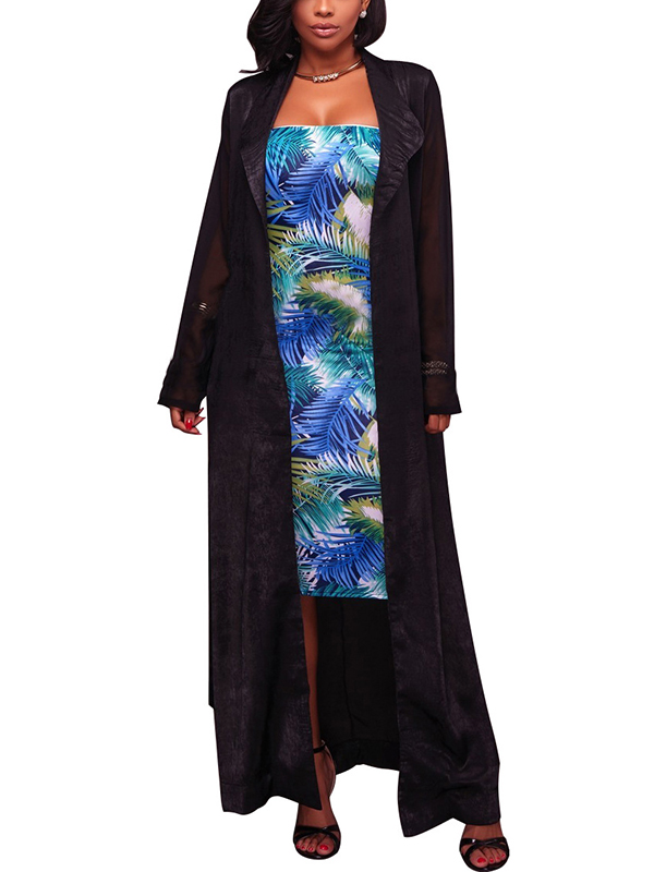 Stylish Turndown Collar Long Sleeves Black Chiffon Long Coat