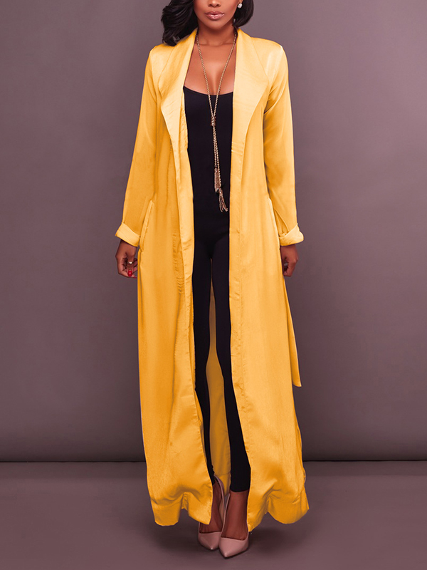 Stylish Turndown Collar Long Sleeves Yellow Chiffon Long Coat