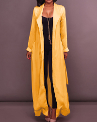 Stylish Turndown Collar Long Sleeves Yellow Chiffon Long Coat