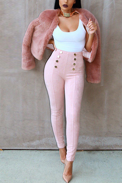 Trendy Round Neck Long Sleeves Pink Faux Fur Coat