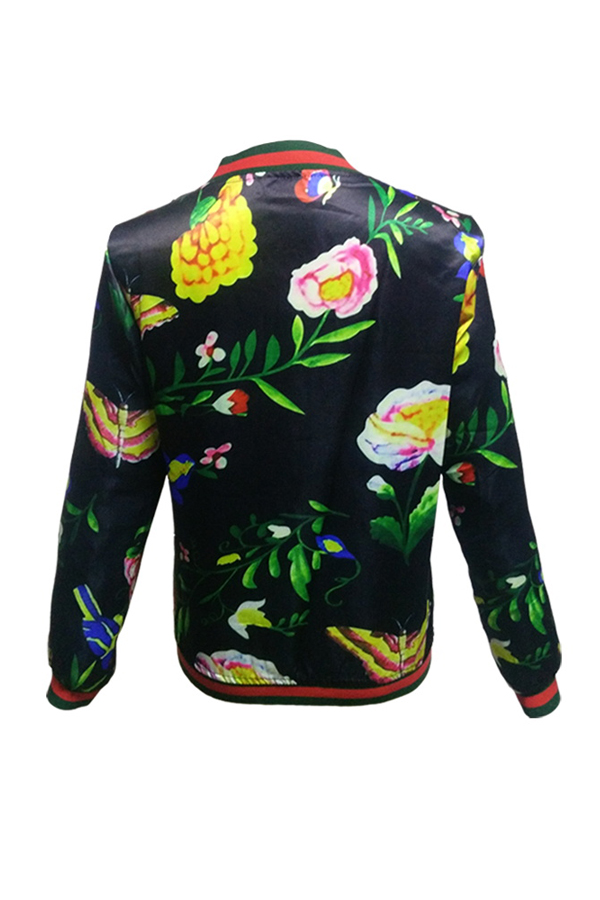 Trendy Round Neck Long Sleeves Printed Black Polyester Short Coat