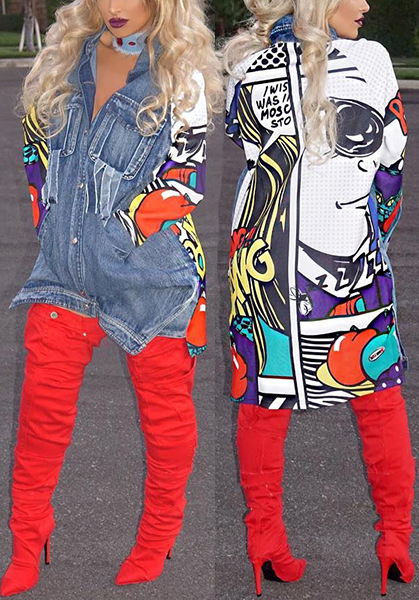 Trendy Turndown Collar Long Sleeves Printed Patchwork Blue Denim Long Coat