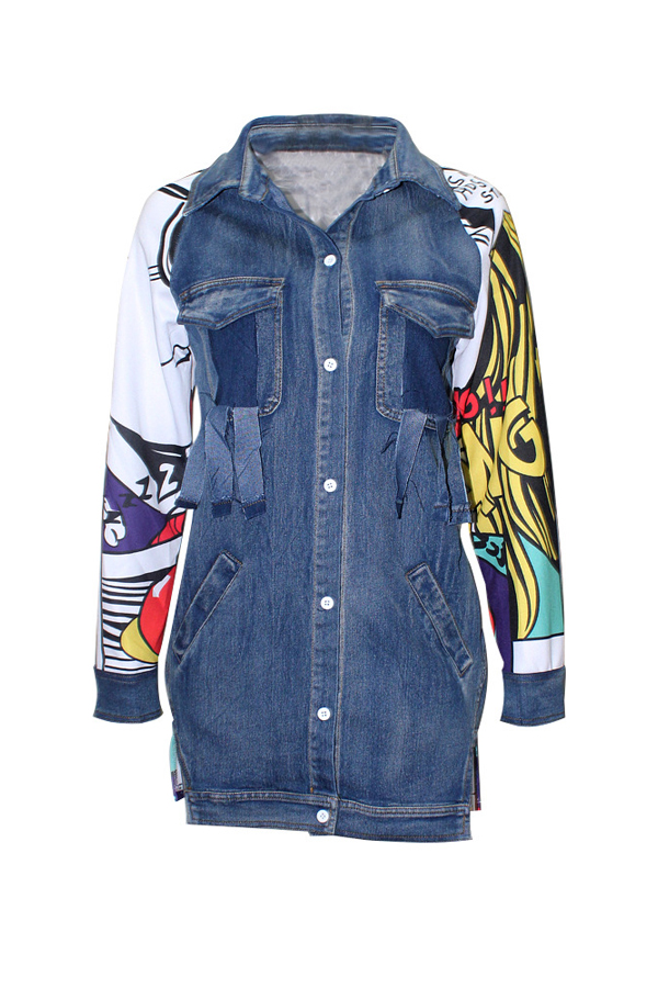 Trendy Turndown Collar Long Sleeves Printed Patchwork Blue Denim Long Coat