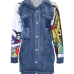 Trendy Turndown Collar Long Sleeves Printed Patchwork Blue Denim Long Coat