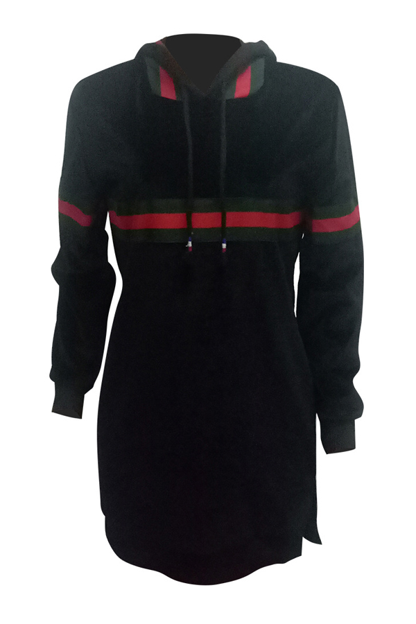  Causal Hooded Collar Long Sleeve Striped Patchwork Black Velvet Hoodies