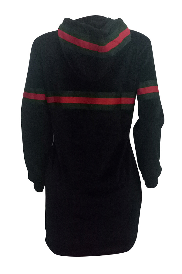  Causal Hooded Collar Long Sleeve Striped Patchwork Black Velvet Hoodies