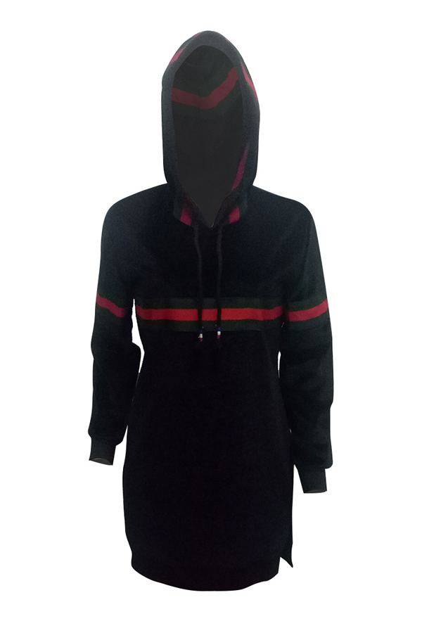  Causal Hooded Collar Long Sleeve Striped Patchwork Black Velvet Hoodies