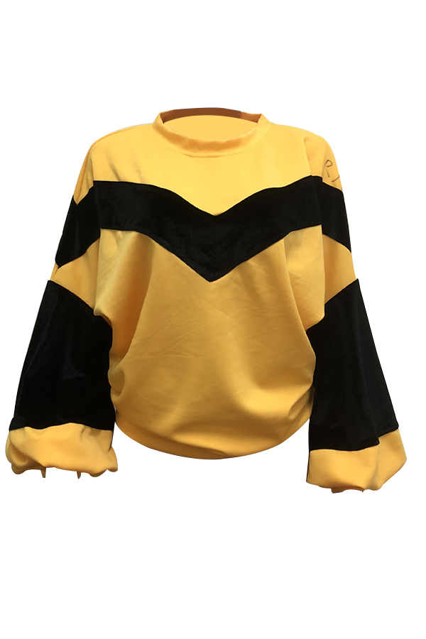  Chic Round Neck Lantern Sleeves Patchwork Yellow Polyester Hoodies