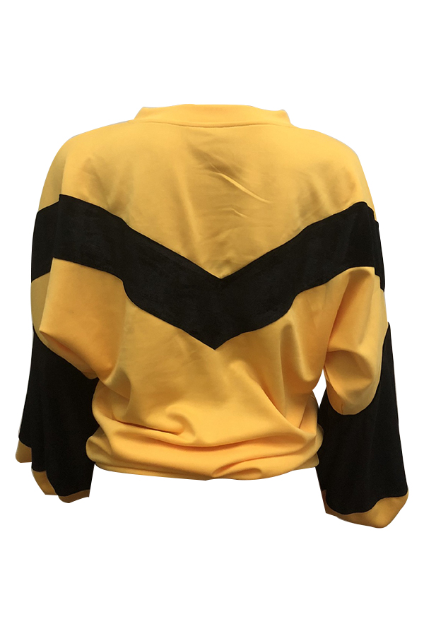  Chic Round Neck Lantern Sleeves Patchwork Yellow Polyester Hoodies