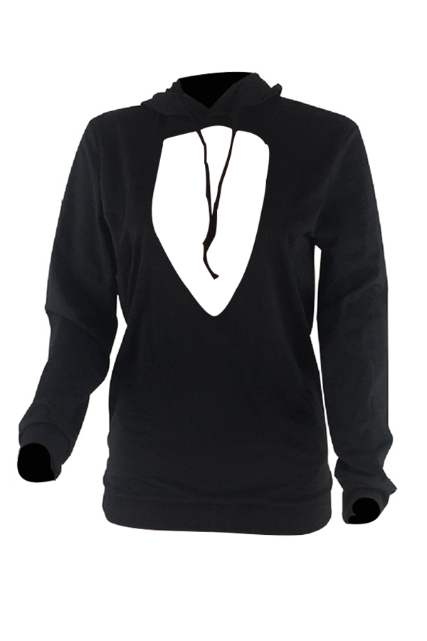  Euramerican Hooded Collar Chest Hollow-out Black Polyester Hoodies