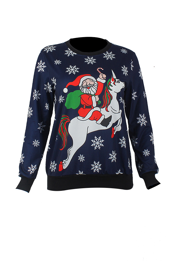  Euramerican Round Neck Christmas Printed Blue Polyester Hoodies