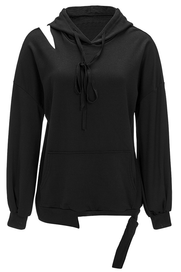  Fashionable Hooded Collar Hollow-out Black Cotton Hoodies