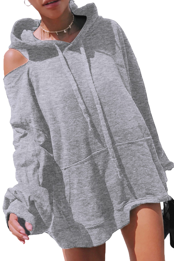  Fashionable Hooded Collar Hollow-out Grey Cotton Hoodies