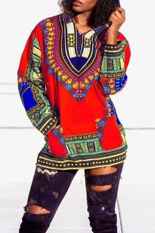  Fashionable Hooded Collar Totem Printed Red Polyester Hoodies