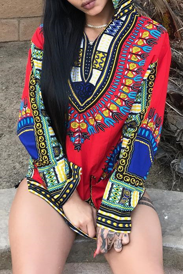  Fashionable Hooded Collar Totem Printed Red Polyester Hoodies