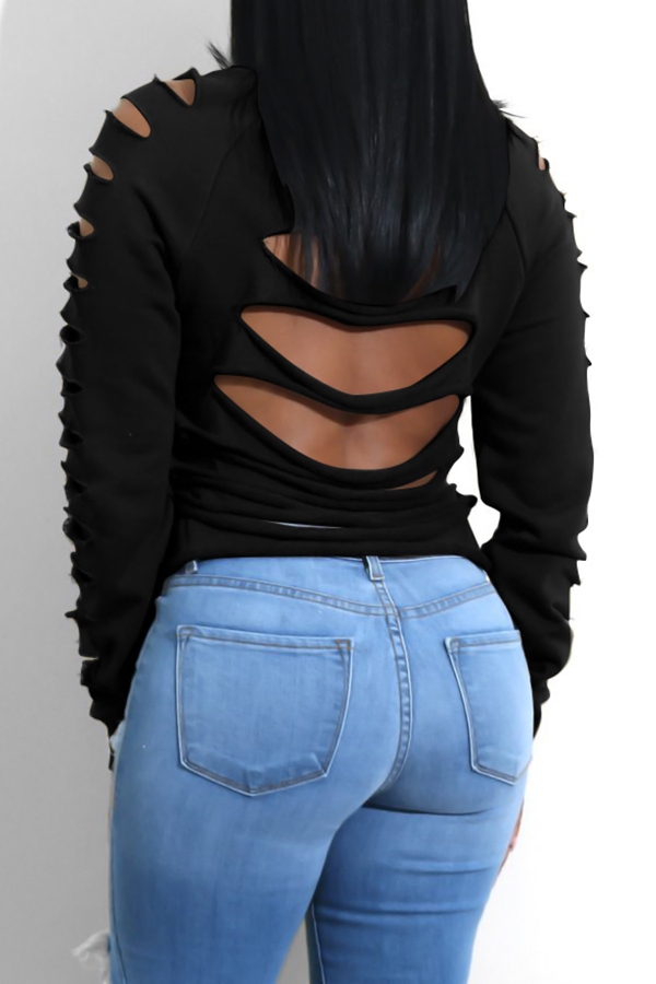  Fashionable Round Neck Hollow-out Black Spandex Hoodies