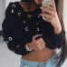  Fashionable V Neck Lace-up Hollow-out Black Polyester Hoodies