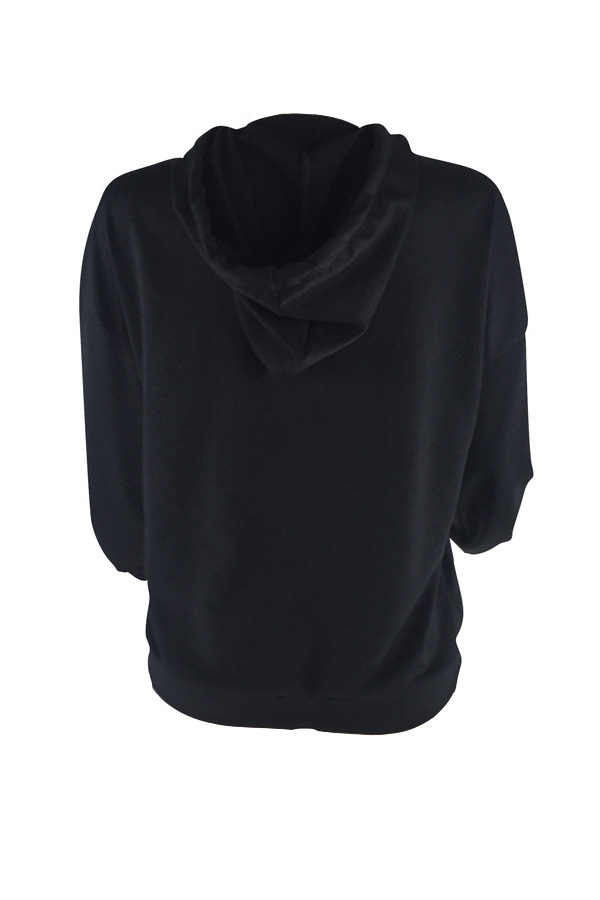  Leisure Long Sleeves Hollow-out Black Polyester Hoodies