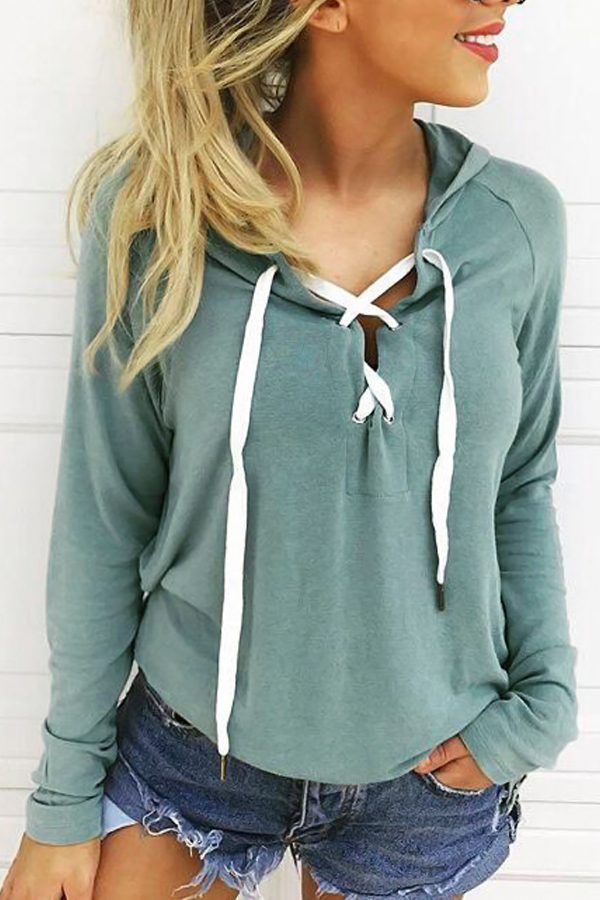  Leisure Long Sleeves Lace-up Green Polyester Hoodies