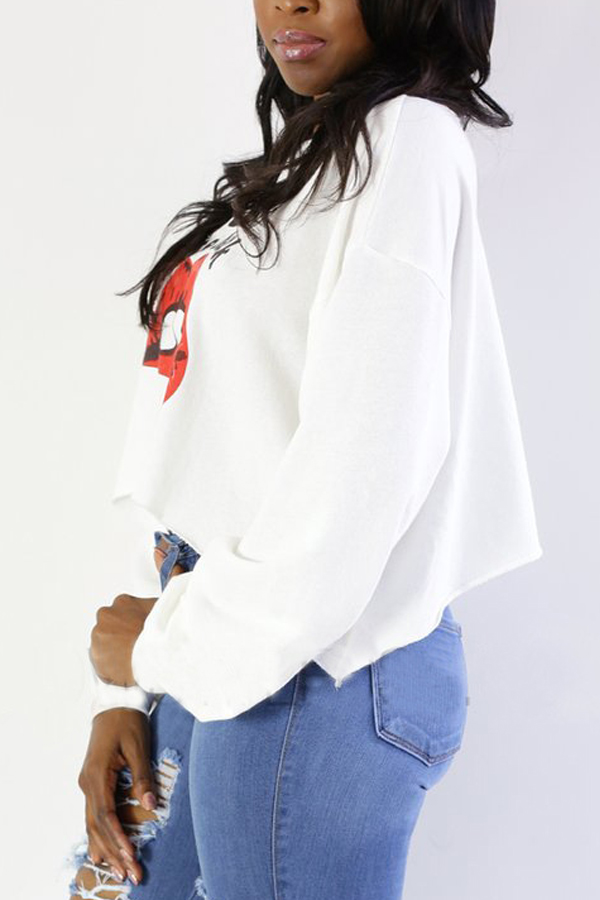  Leisure Long Sleeves Printed White Cotton Pullovers