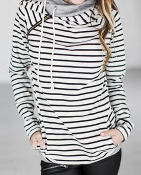  Leisure Long Sleeves Striped White Polyester Pullovers