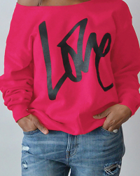  Leisure Round Neck Long Sleeves Letters Printing Rose Red Cotton Pullover