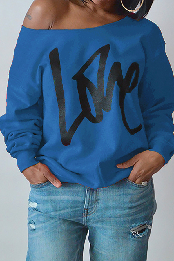  Leisure Round Neck Long Sleeves Letters Printing Royalblue Cotton Pullover