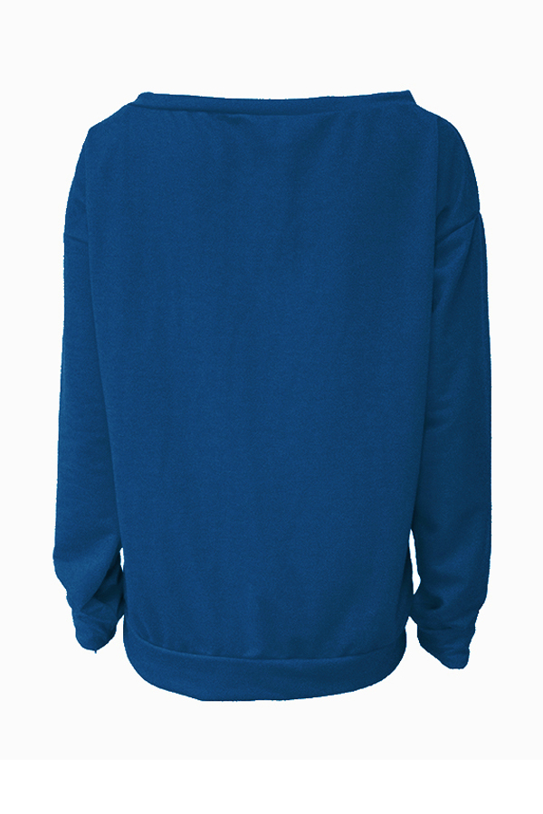  Leisure Round Neck Long Sleeves Letters Printing Royalblue Cotton Pullover