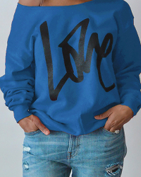  Leisure Round Neck Long Sleeves Letters Printing Royalblue Cotton Pullover