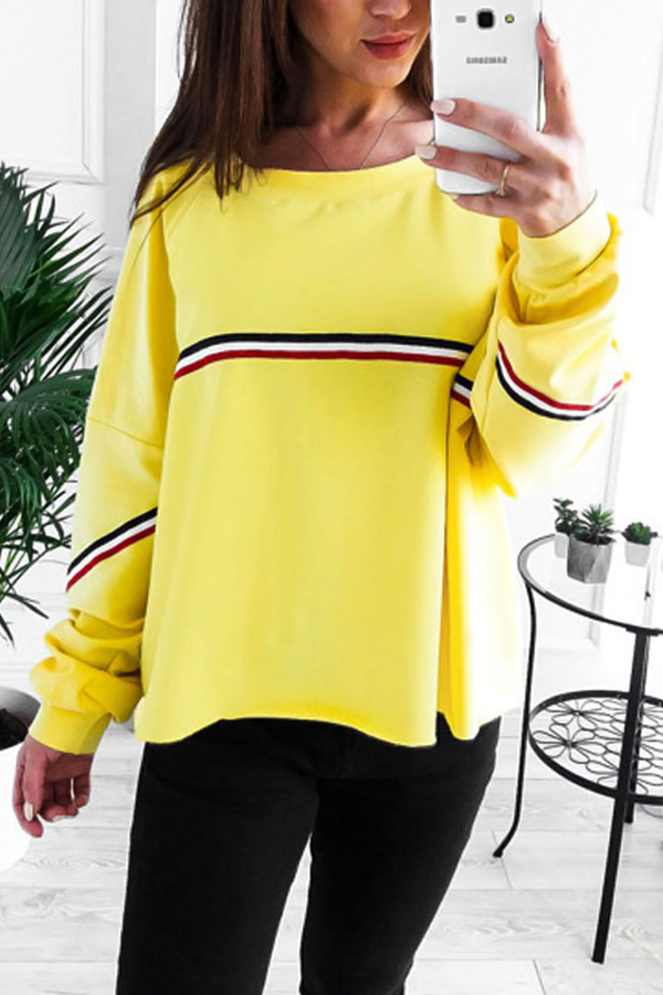  Leisure Round Neck Patchwork Yellow Polyester Pullovers