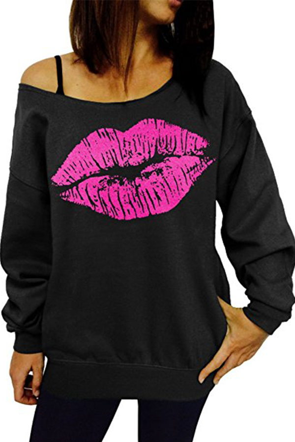  Sexy Dew Shoulder Lips Printed Black Cotton Blends Hoodies