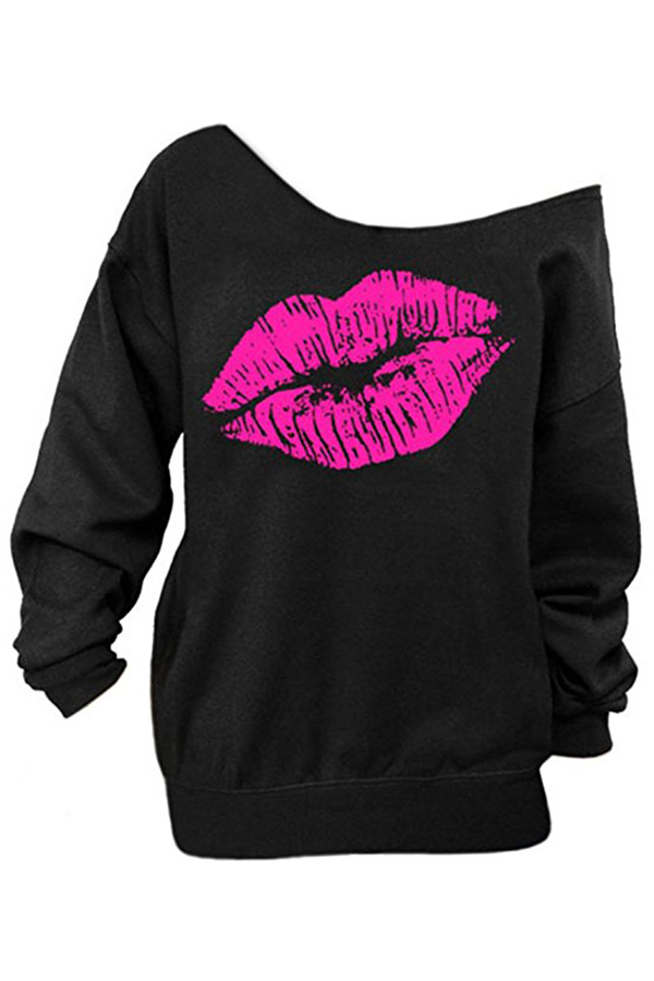  Sexy Dew Shoulder Lips Printed Black Cotton Blends Hoodies